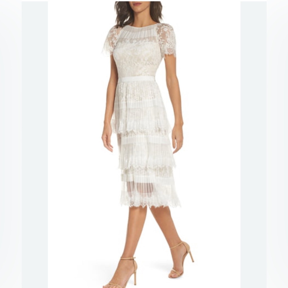 Tadashi Shoji Nixie Tea Length Lace Dress in White Natural